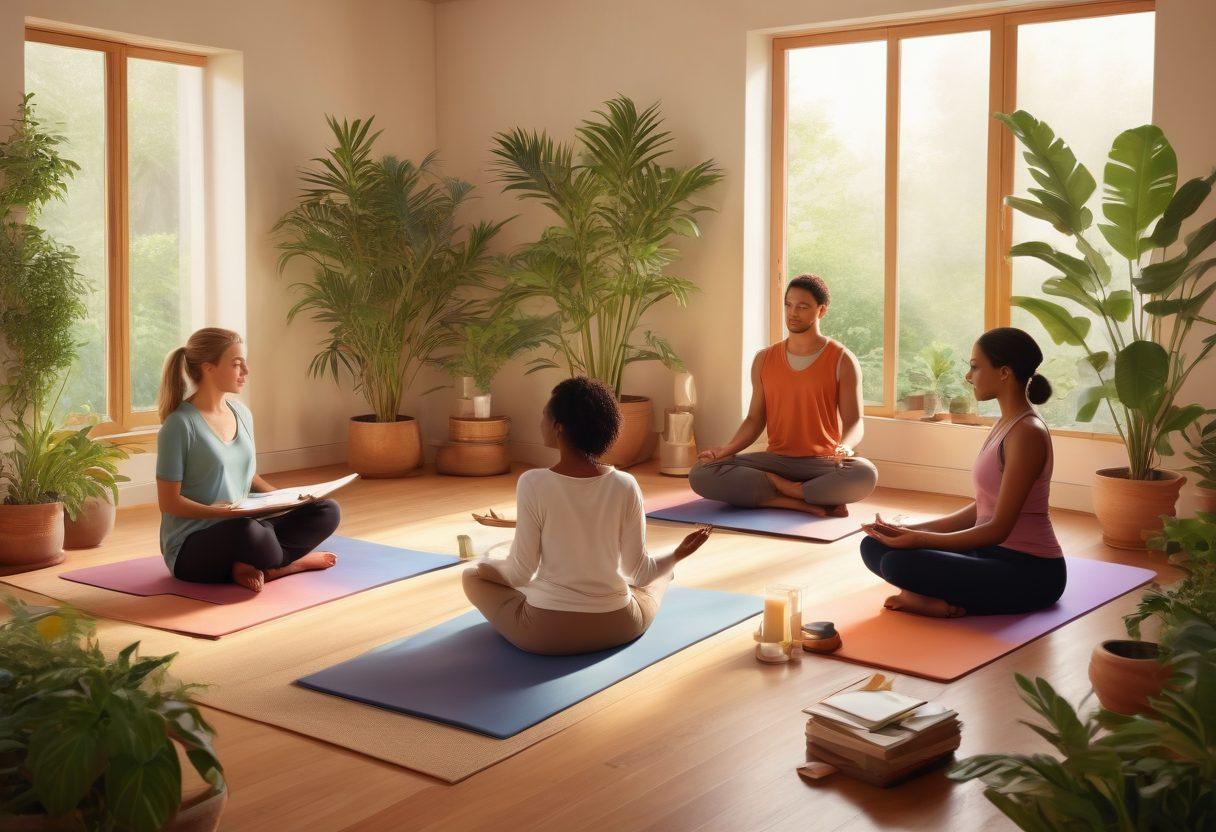 A serene and inviting scene depicting a diverse group of individuals engaged in a holistic wellness consultation, surrounded by plants and soothing colors. Include a large, open book symbolizing knowledge and various treatment options illustrated with icons like yoga mats, therapy tools, and healthy meals. A calm atmosphere with soft lighting to evoke a sense of peace and hope. digital painting. warm tones. tranquil setting.