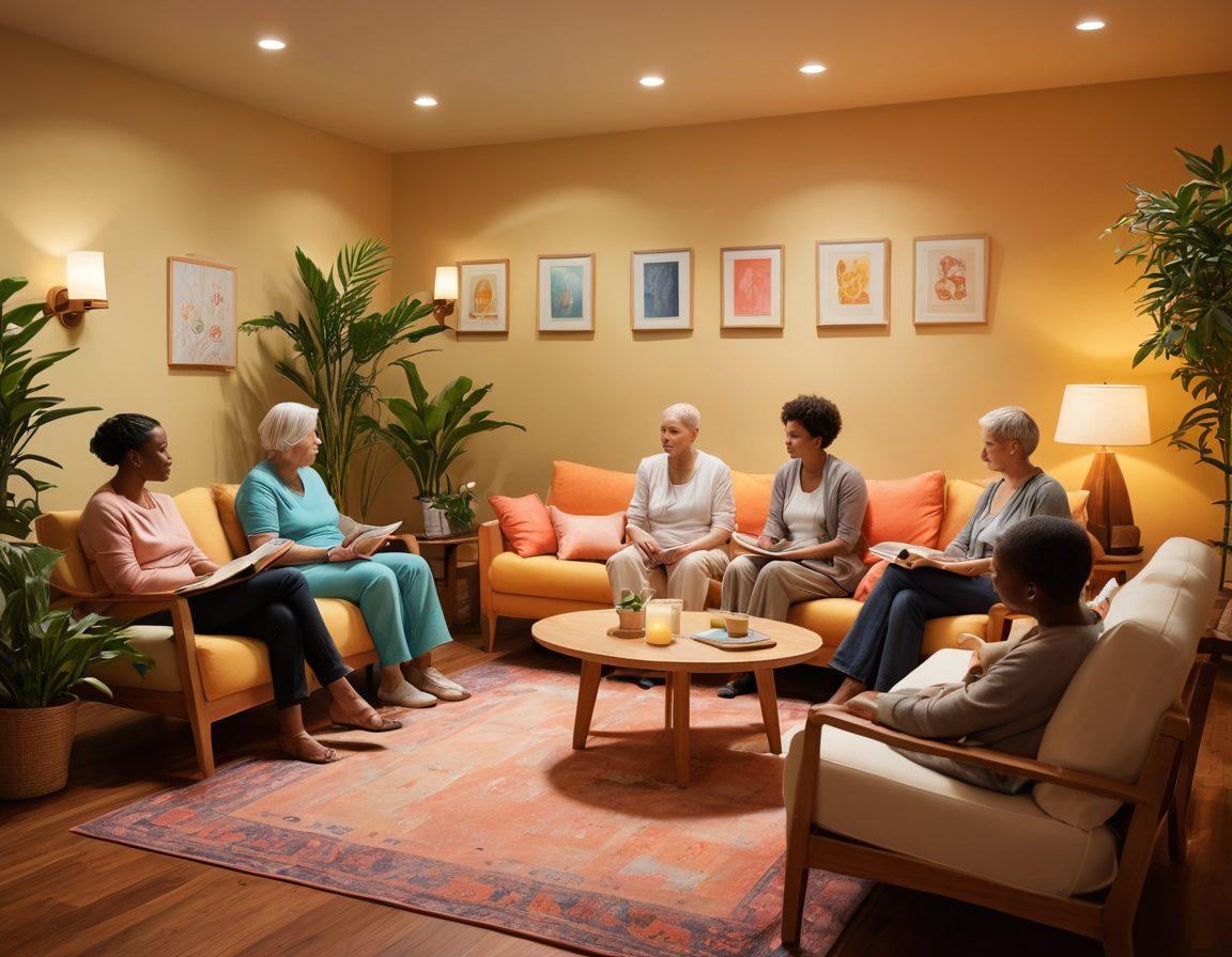 A serene and comforting scene depicting a diverse group of cancer patients gathered together in a support group meeting. The room is filled with resources such as pamphlets, wellness tips on the walls, and plants for a calming effect. Soft lighting creates a peaceful atmosphere, symbolizing hope and community. Include warm, inviting colors to enhance the feeling of support and wellness. super-realistic. vibrant colors. warm lighting.