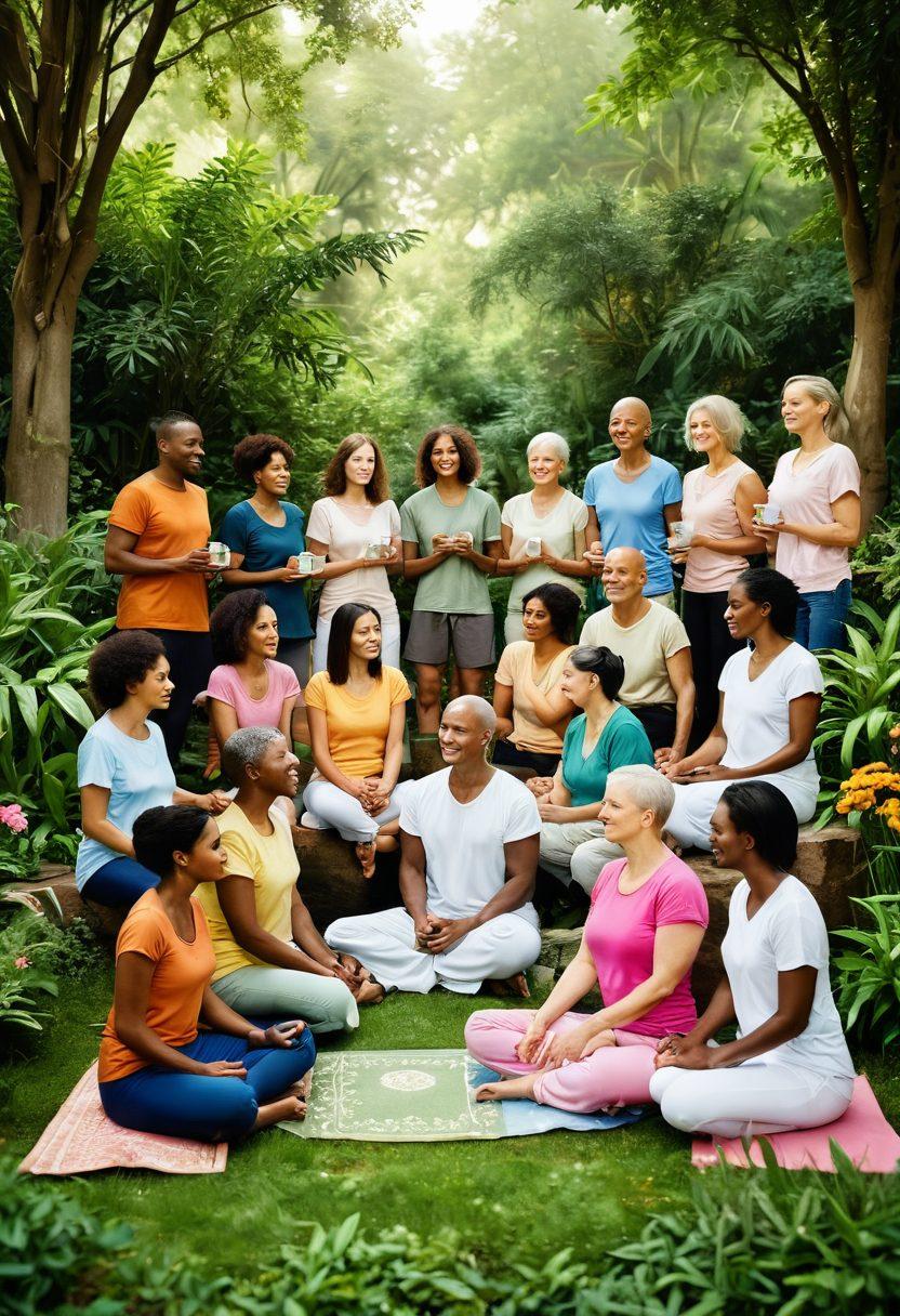A serene scene depicting a strong, diverse group of people supporting a cancer survivor, surrounded by lush greenery symbolizing holistic health. Incorporate elements of emotional support, like warm embraces and shared laughter, combined with wellness symbols such as herbal teas and yoga mats. The atmosphere should feel uplifting, radiant, and hopeful. super-realistic. vibrant colors. natural background.